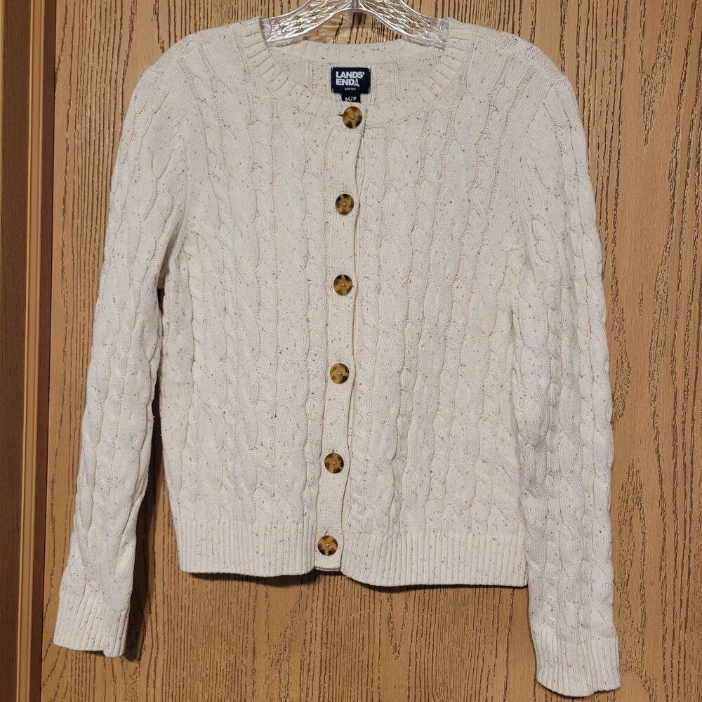 Land's End Women's Cream Button  Up Cardigan Longsleeves  Round Neck  Size M/P